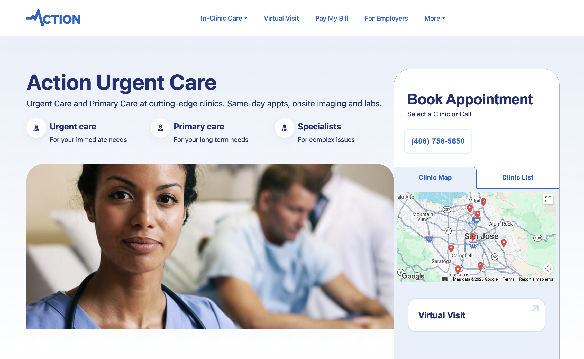 Action Urgent Care website - patient booking and clinic system